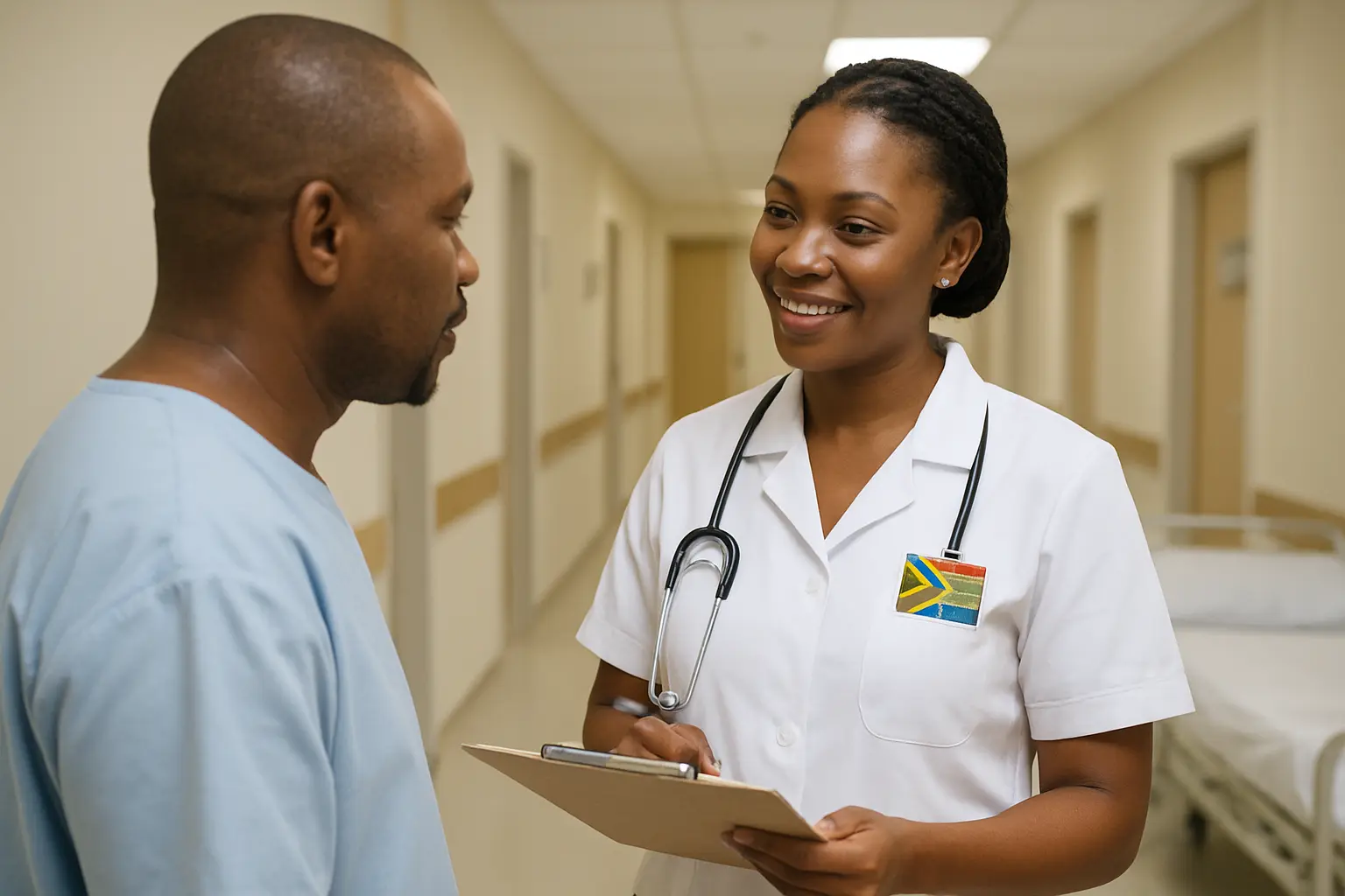 A South African nurse explaining an informed consent form to a patient in a hospital ward before a research interview