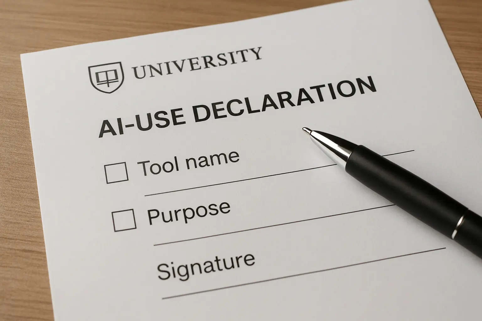 A printed AI-use declaration form with checkboxes and a signature line