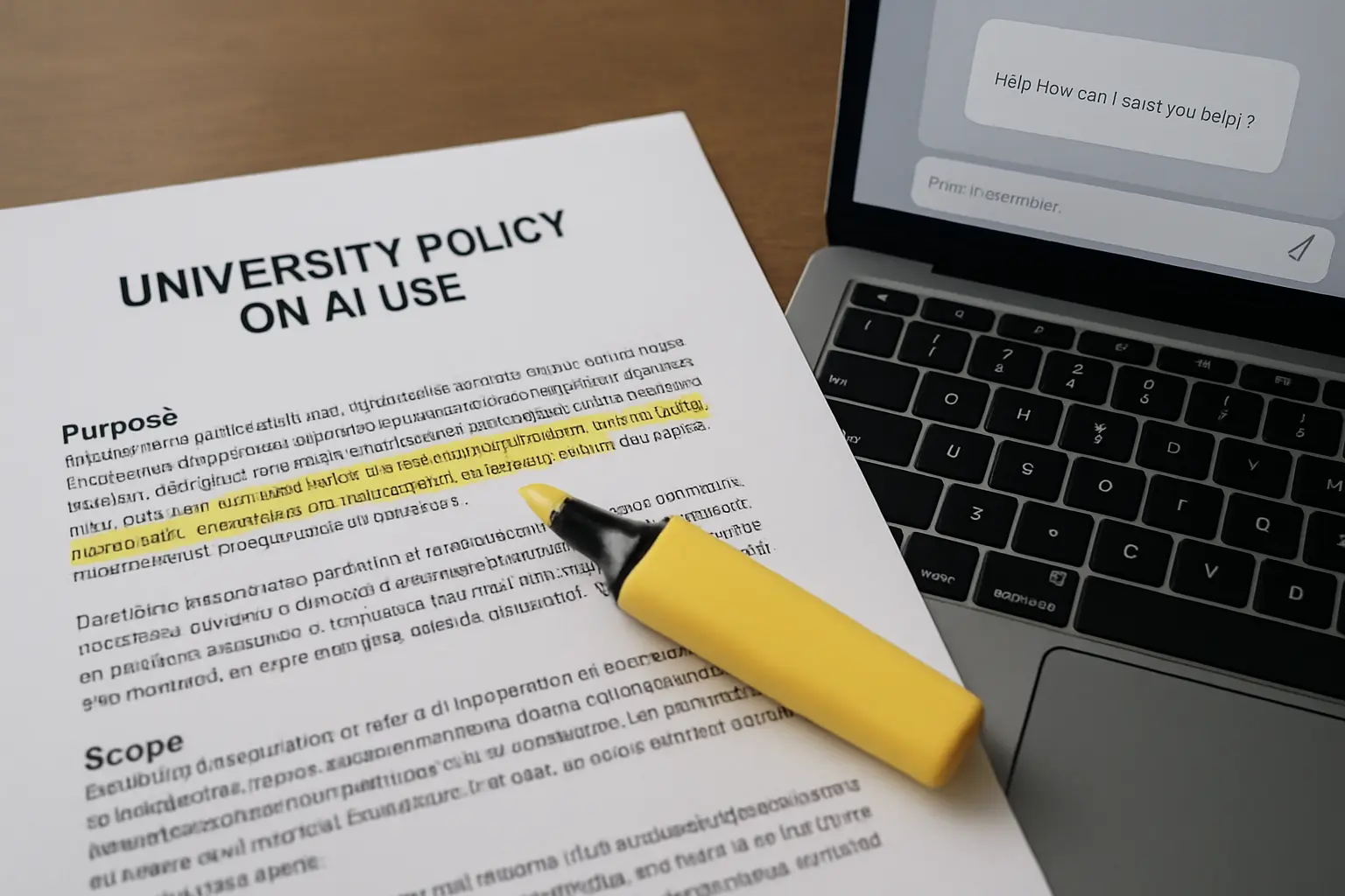 Printed university policy document about AI use being reviewed with a highlighter