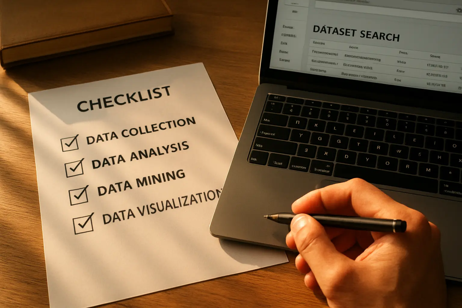 Printed checklist of four data-topic tests beside a laptop showing a dataset search page