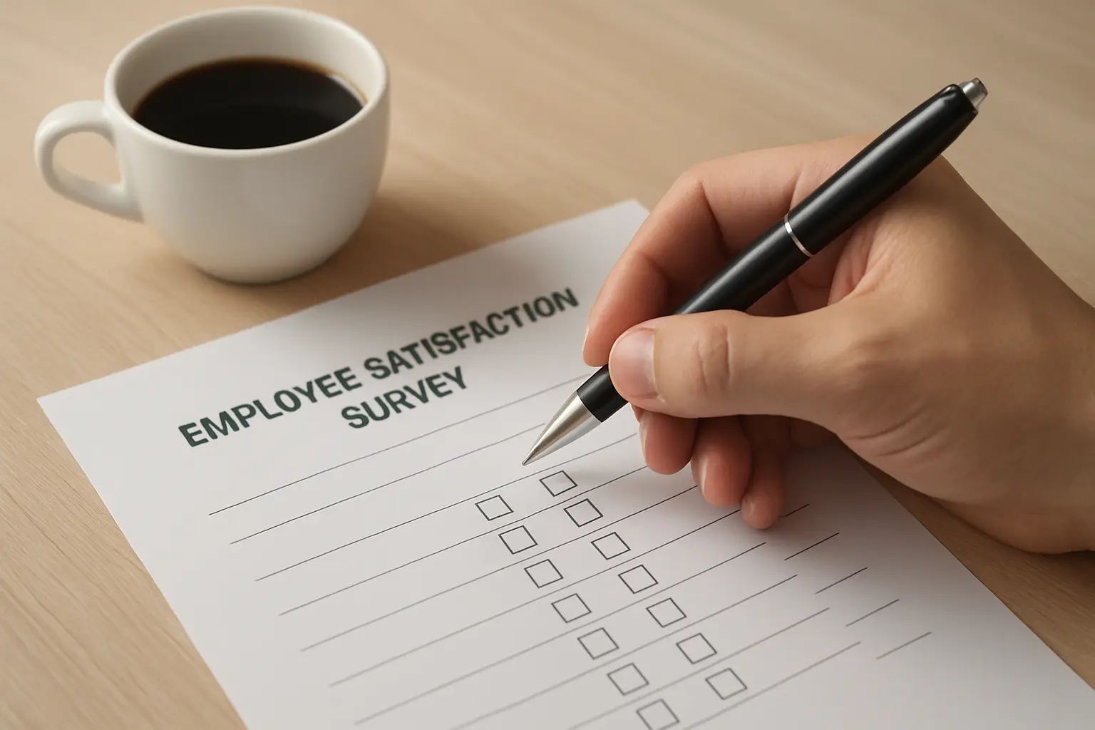 Close-up of a hand filling in a paper employee satisfaction survey form with a pen on an office desk
