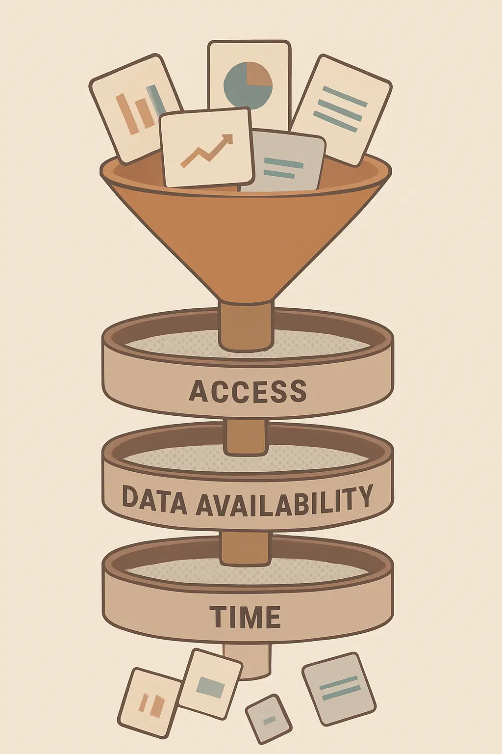 Flat vector illustration of research topics filtered through access, data availability and time constraints