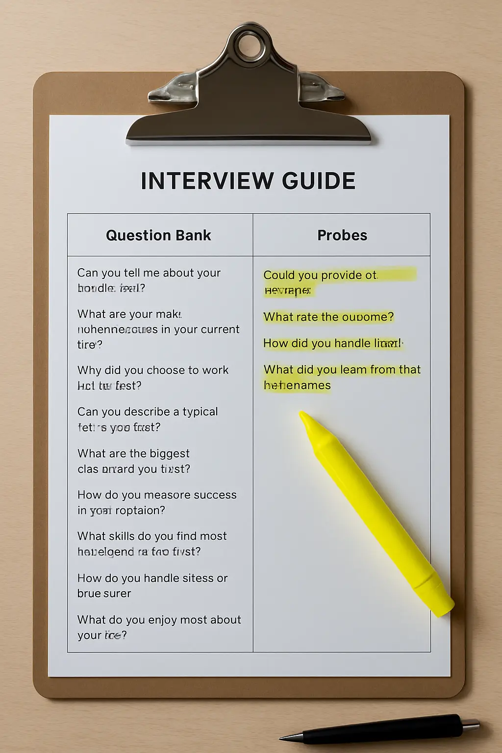 A printed interview guide on a clipboard with a question bank organised by objective