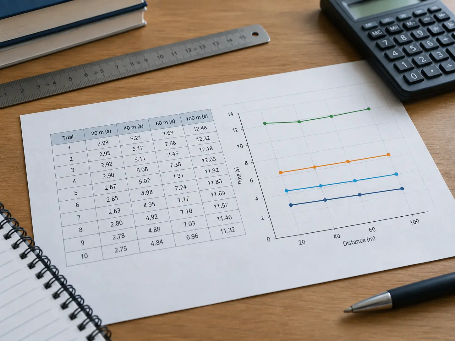 Close-up of a printed results table and a sprint-time line graph on a desk