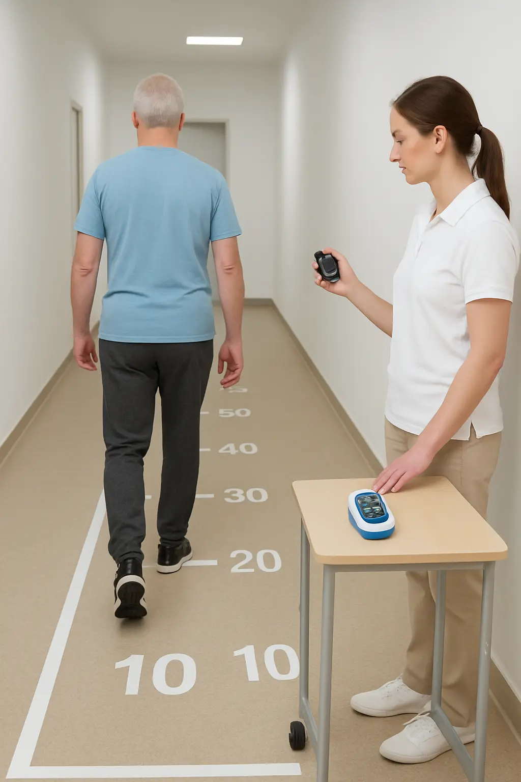 A patient walking a marked corridor during a six-minute walk test, timed by a physiotherapist
