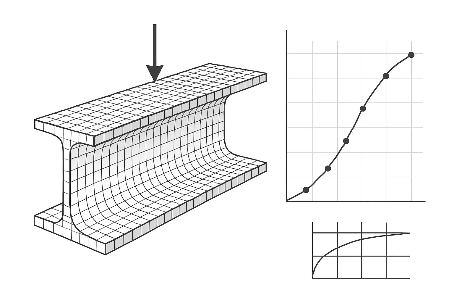 Illustration of a finite element mesh model of a structural beam alongside a convergence graph, representing validation of a civil engineering numerical study
