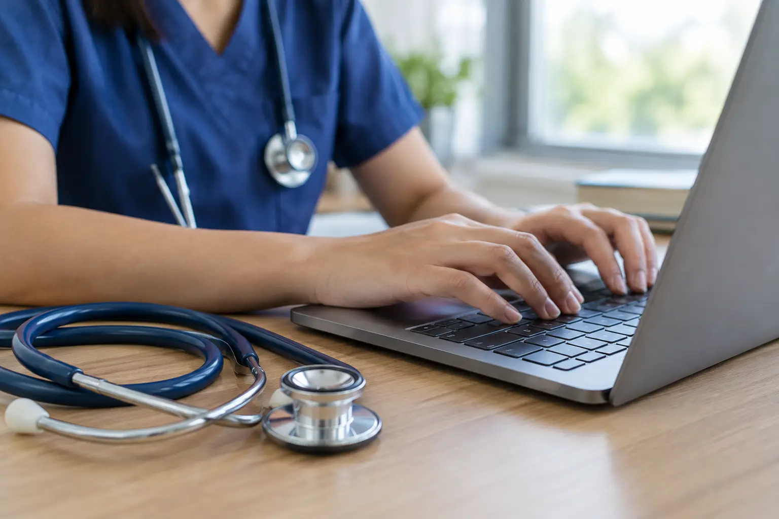Nursing student typing on a laptop with a stethoscope resting on the desk