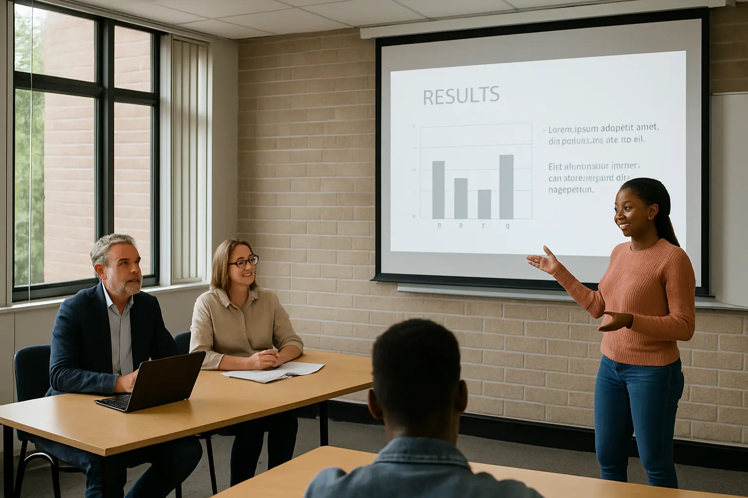 Student presenting a research proposal to a departmental panel