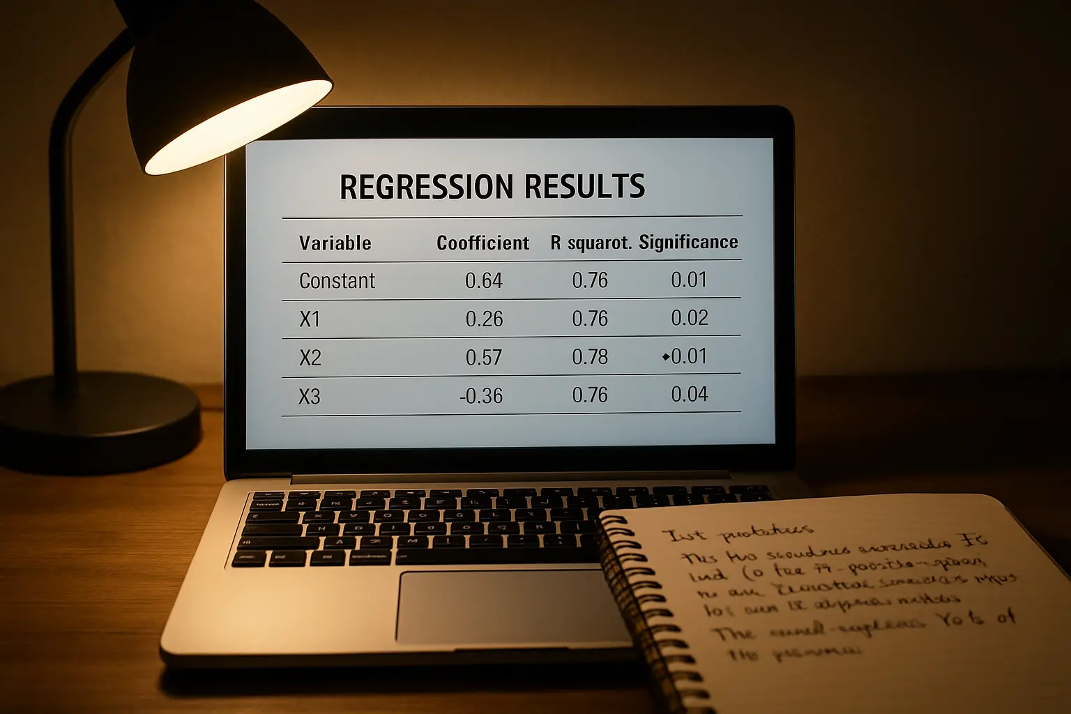 Laptop screen showing a results table with beta coefficients and significance values