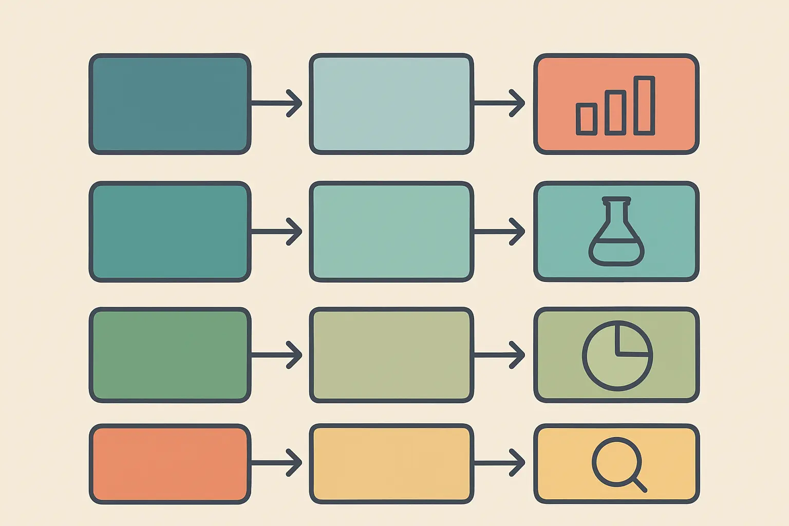 Flat vector table diagram linking each objective verb to the research design and analysis it commits you to
