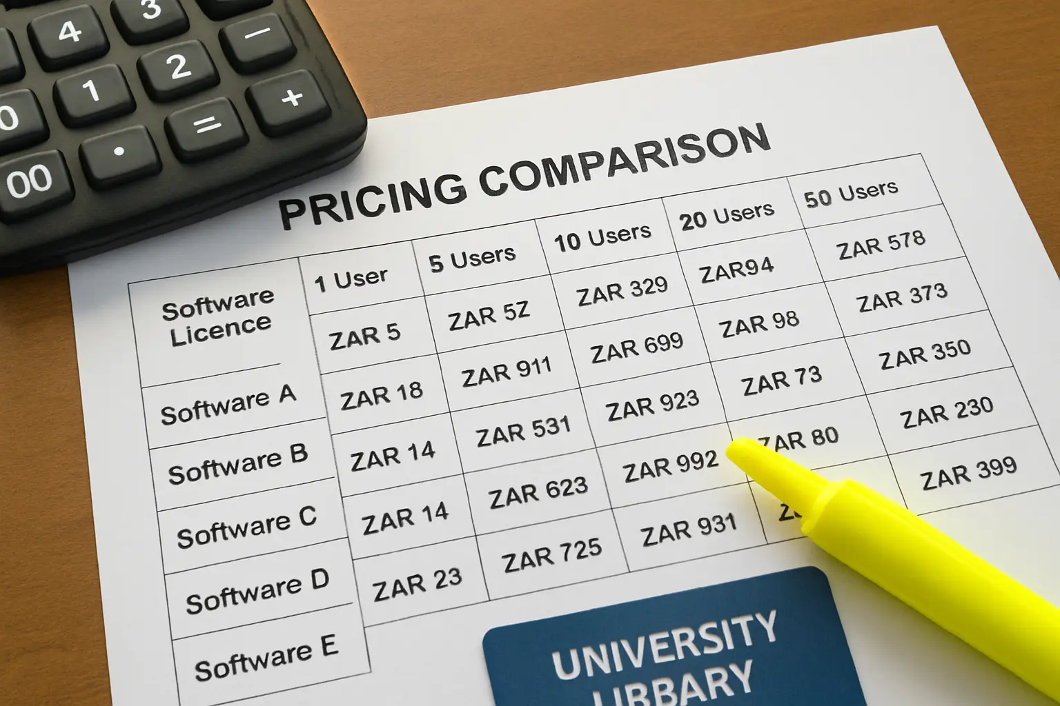 A printed spreadsheet comparing software licence costs in rand with a calculator