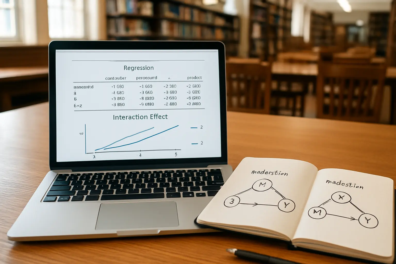 A laptop showing regression output beside hand-drawn moderation and mediation path diagrams