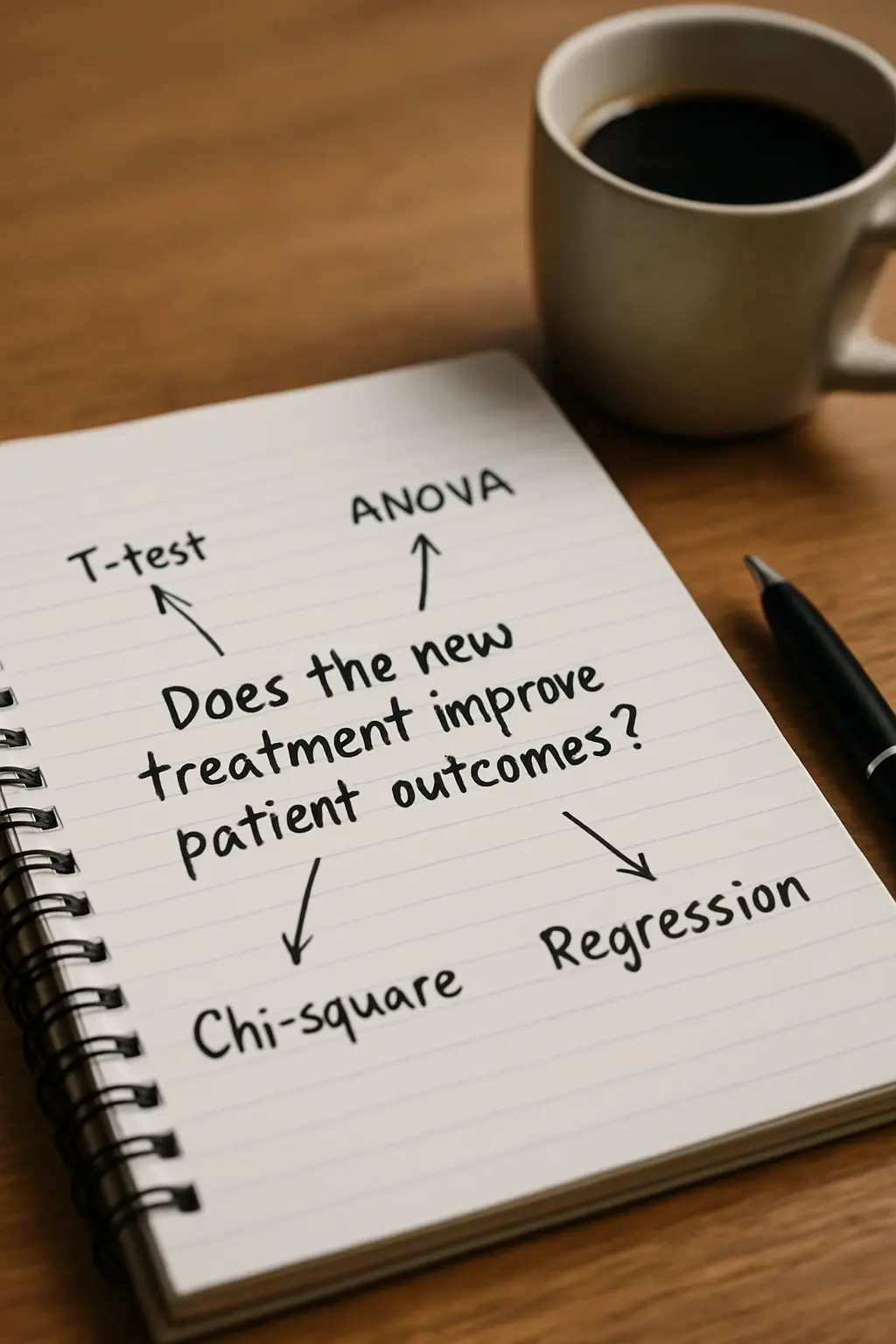 Handwritten research question with arrows connecting it to statistical test names