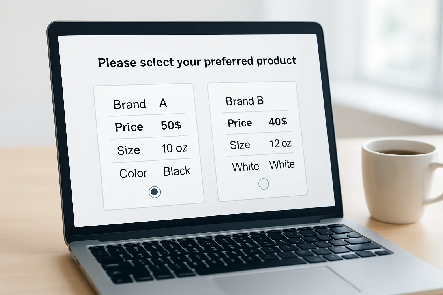 A laptop screen showing a conjoint analysis survey with product attribute comparison cards