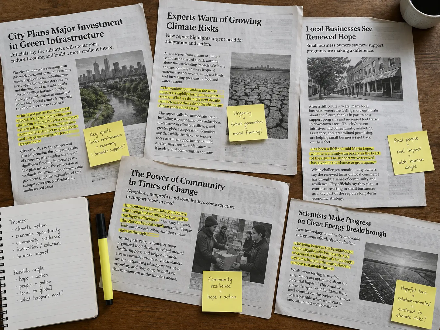 Newspaper articles spread out with coding notes and highlighted source quotes