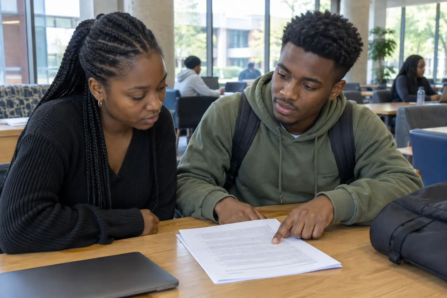 Two law students discussing a printed case law summary at a table