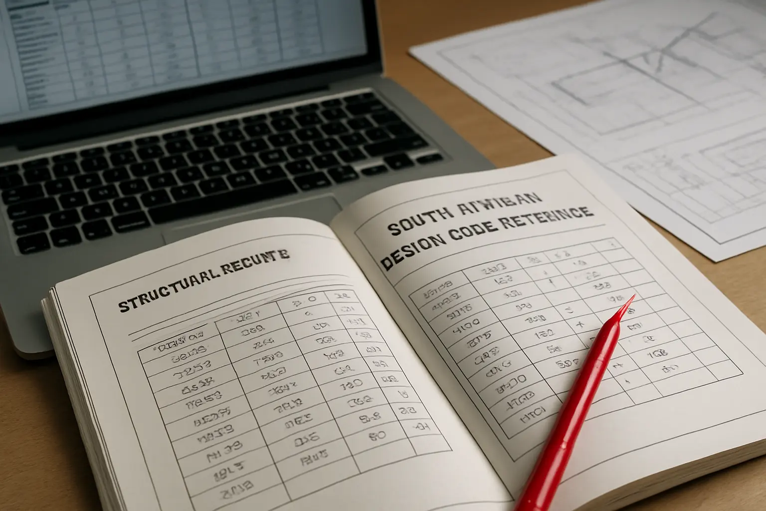 Printed design-code reference booklet beside a laptop showing structural results