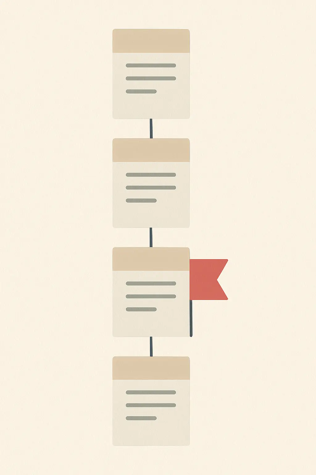 Flat vector illustration of a thread running through aligned dissertation sections with one misaligned objective flagged