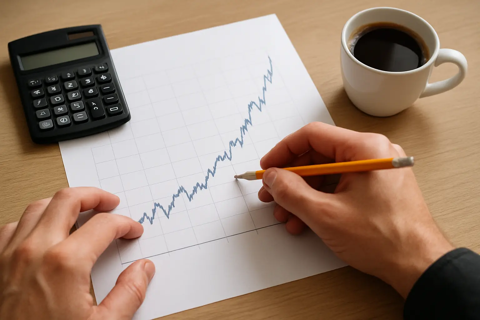 Close-up of hands annotating a printed economic time series chart with a pencil