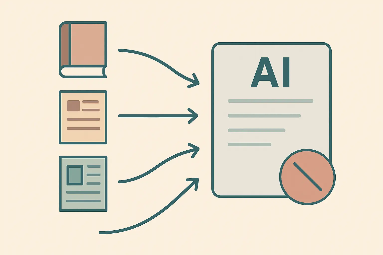 Flat vector diagram tracing AI output back to the original sources instead of referencing the AI tool