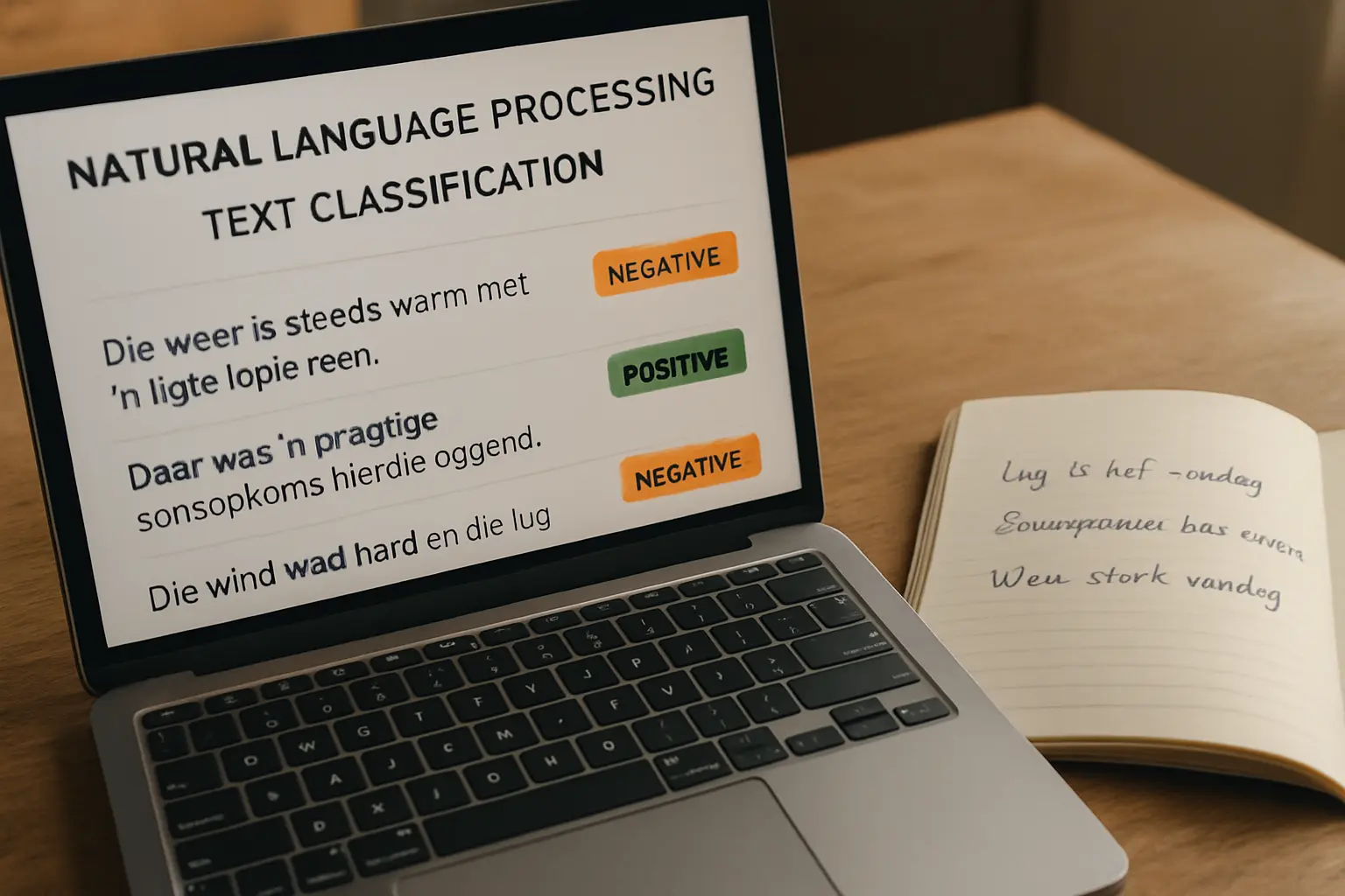 Laptop screen showing a natural language processing text-classification output with sentiment labels