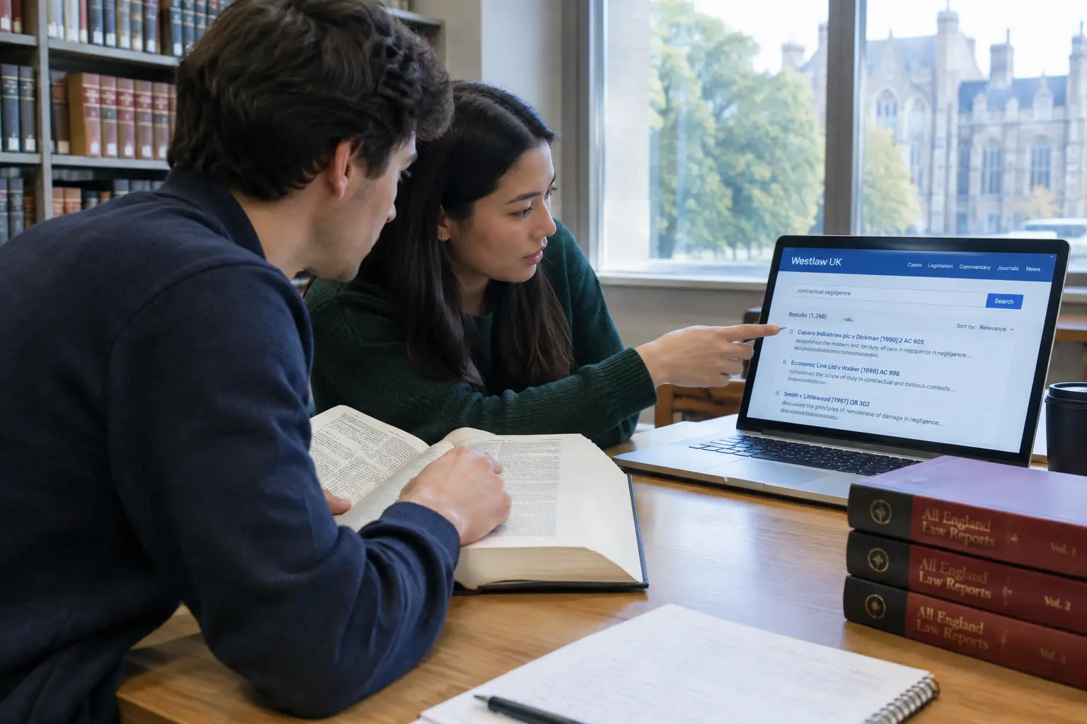 Two South African law students comparing a printed law report against a case-law search database on a laptop