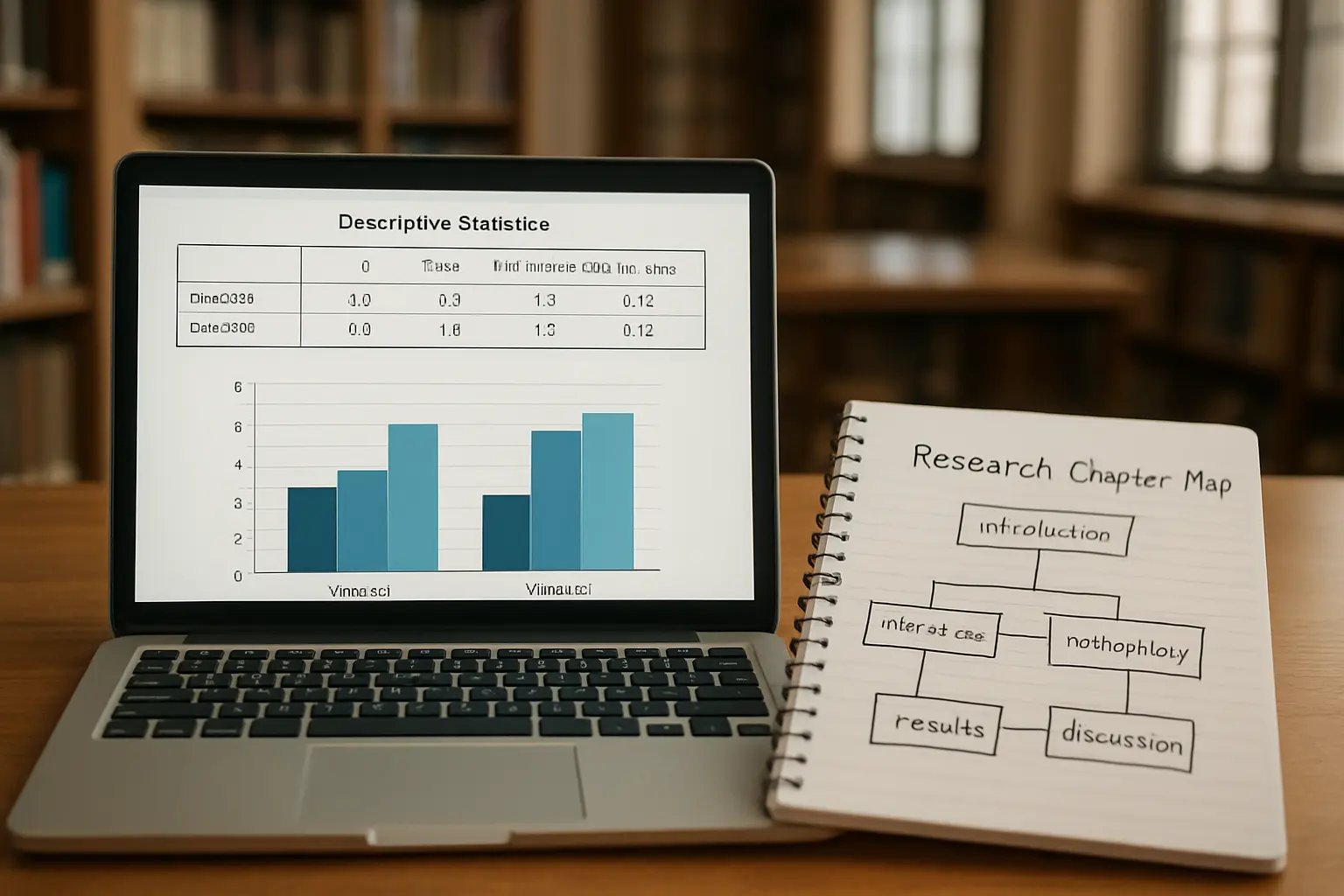 A laptop showing statistical output next to a hand-sketched research report chapter map