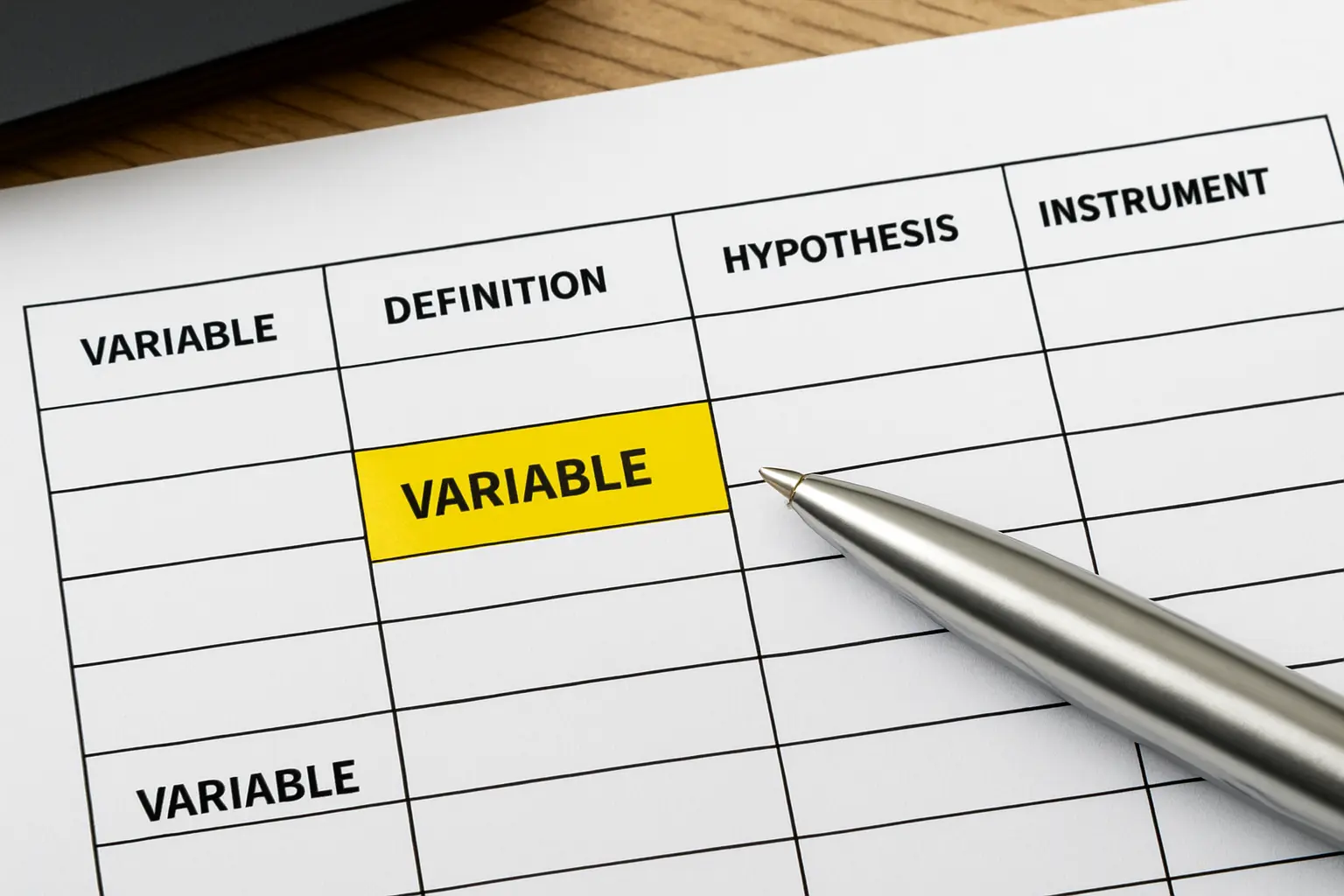 A close-up of a printed variables and hypotheses matrix table with highlighted rows