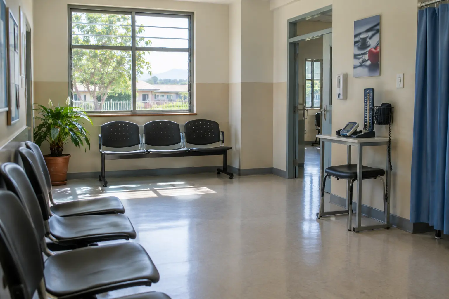 Primary healthcare clinic waiting room with a blood pressure monitor station