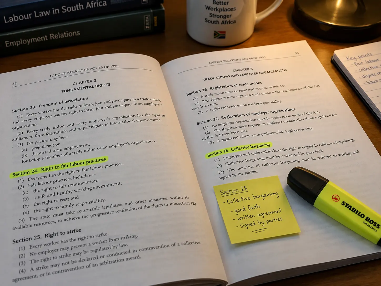 Close-up of a printed South African statute booklet with a highlighted section, checked for its current consolidated wording