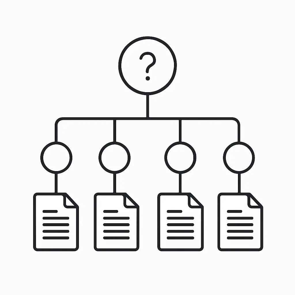 Illustration of a single research question branching into four sub-questions, each mapped to a law dissertation chapter
