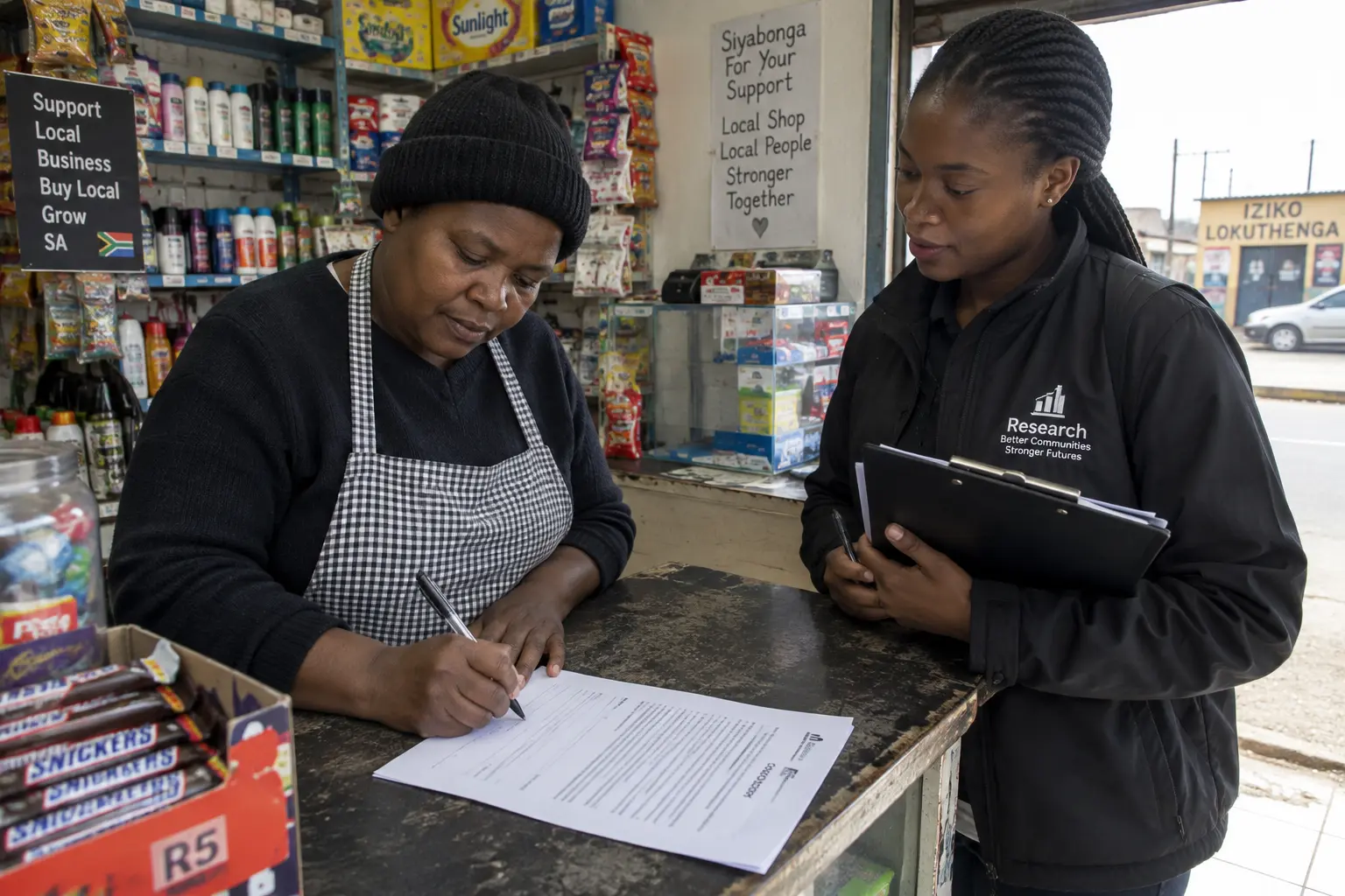 A small South African shop owner signing a consent form at their store counter with a researcher present