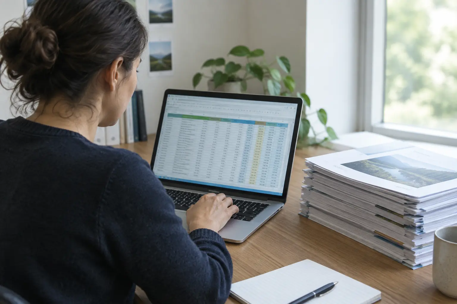 Researcher building a disclosure scoring spreadsheet next to a stack of printed annual reports