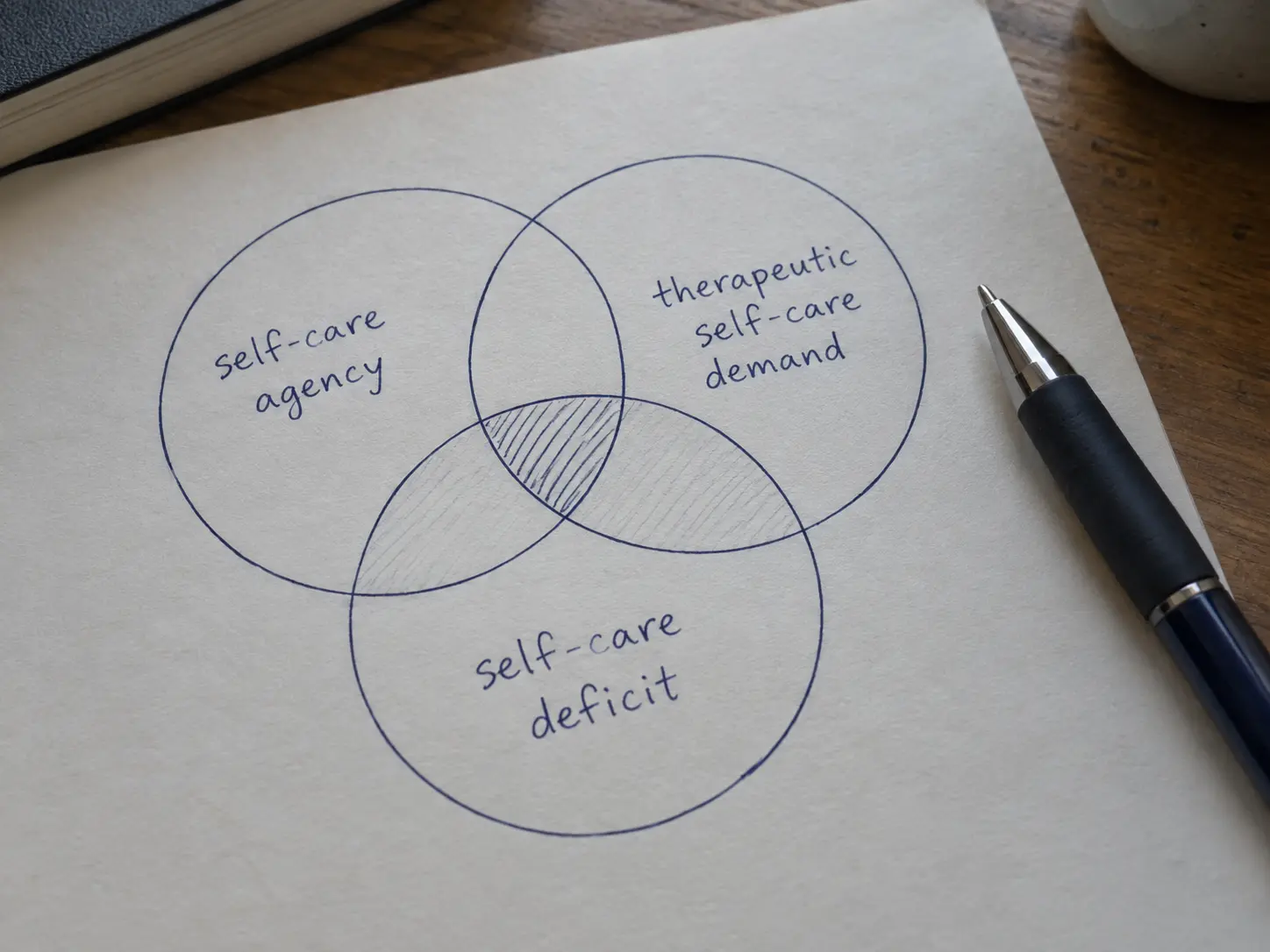 A handwritten diagram mapping three overlapping theoretical constructs for a nursing dissertation framework