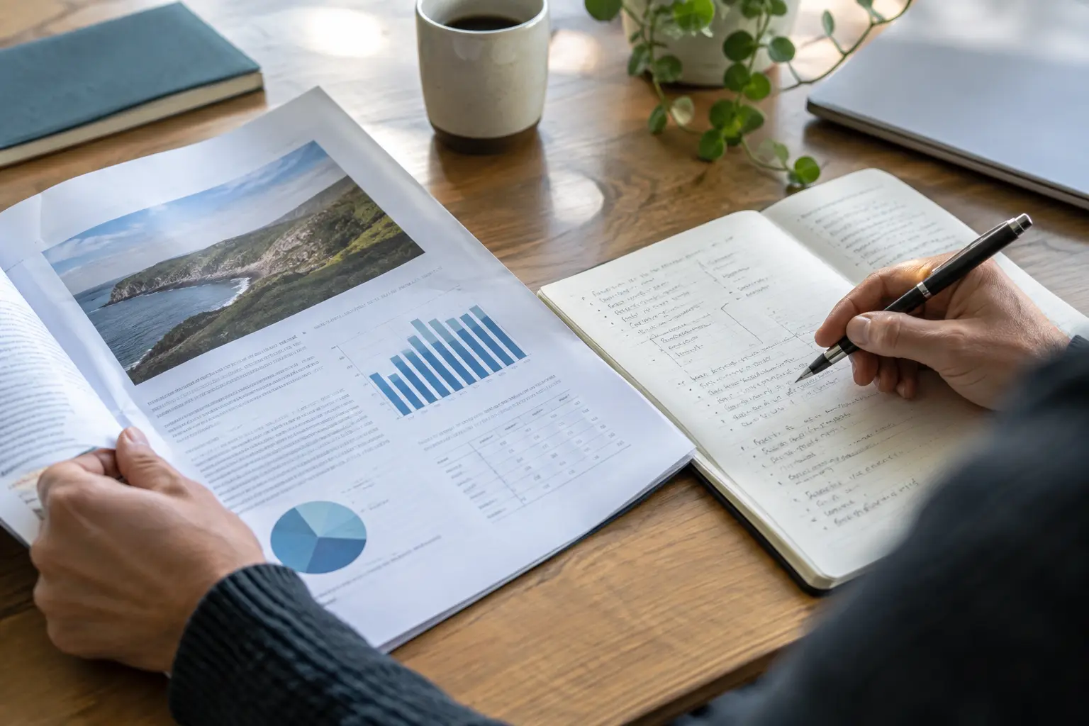 Researcher cross-referencing a printed annual report against handwritten notes