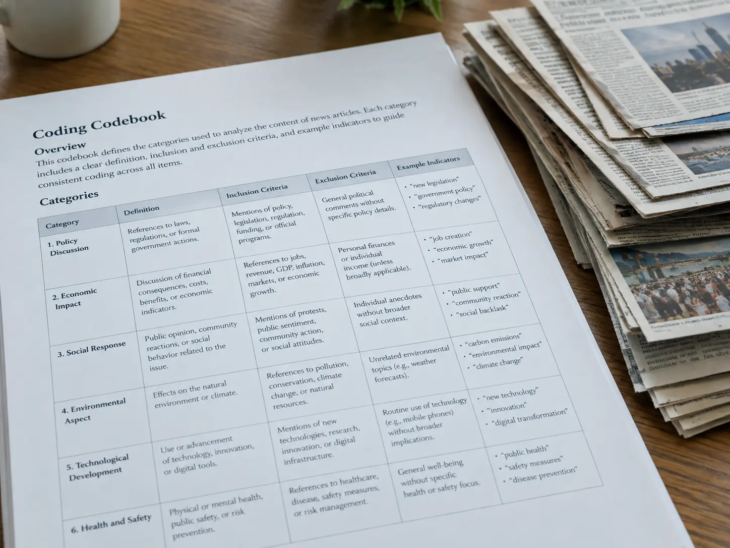 Printed codebook with coding categories and a stack of newspaper clippings on a desk