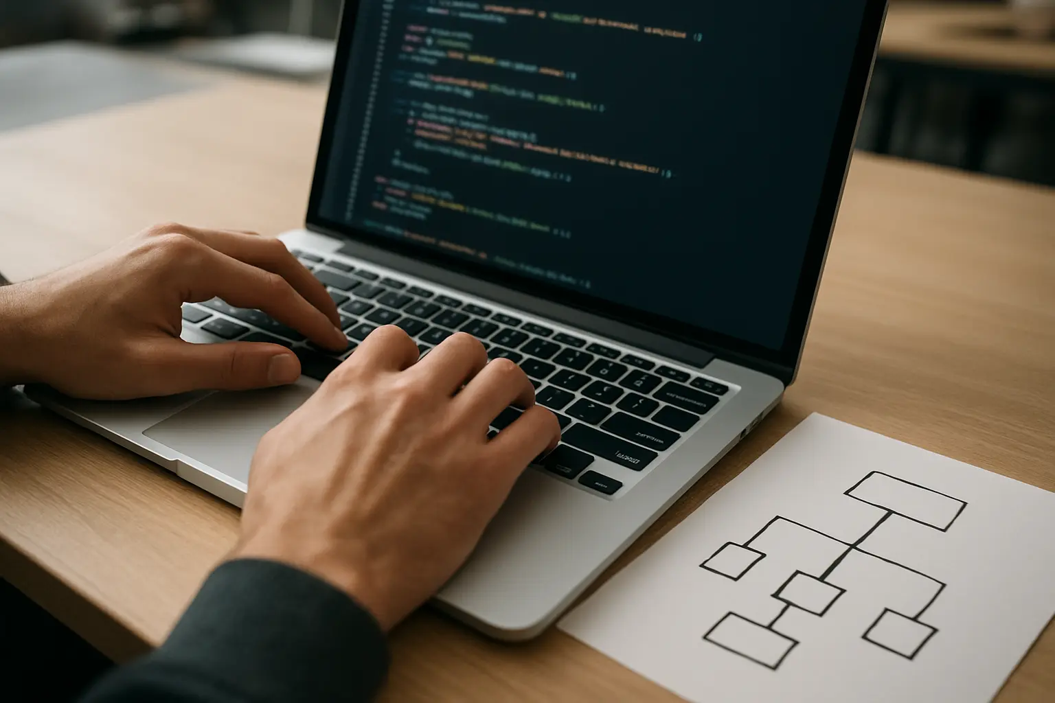 South African computer science student writing code with a software architecture sketch on the desk beside a laptop