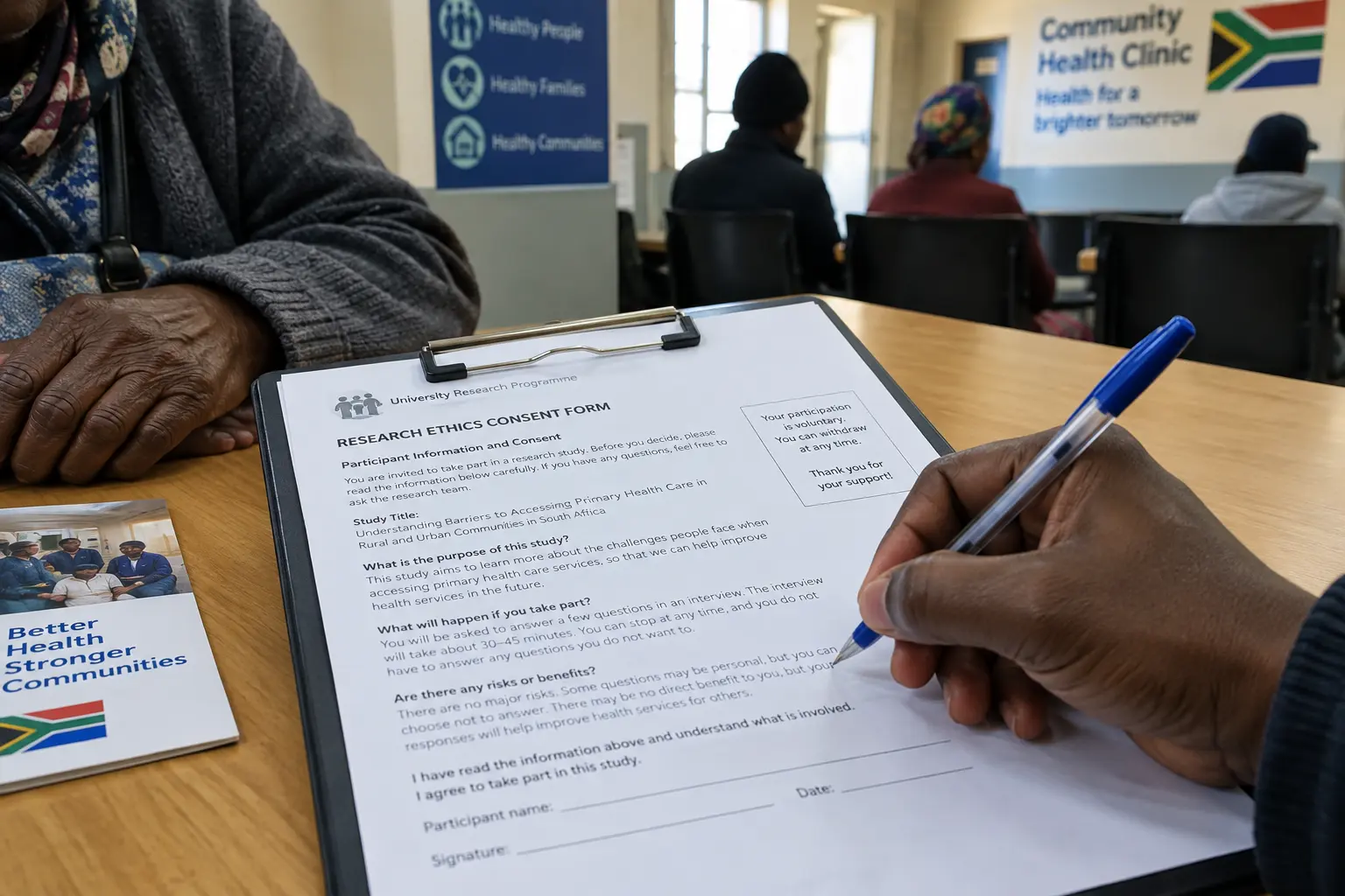 Close-up of a printed informed-consent form being completed at a South African community health clinic for a study involving older persons