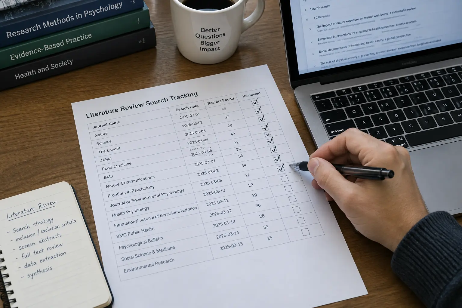 A researcher checking off entries on a printed spreadsheet tracking journal sources across multiple search platforms