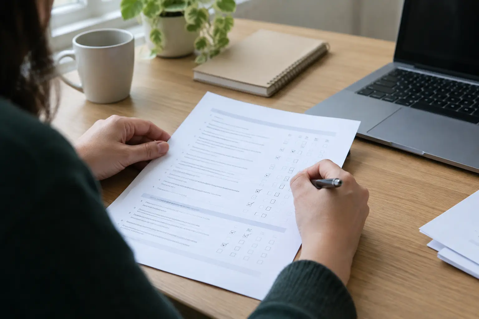 Researcher reviewing a printed questionnaire draft with a pen, checking each item