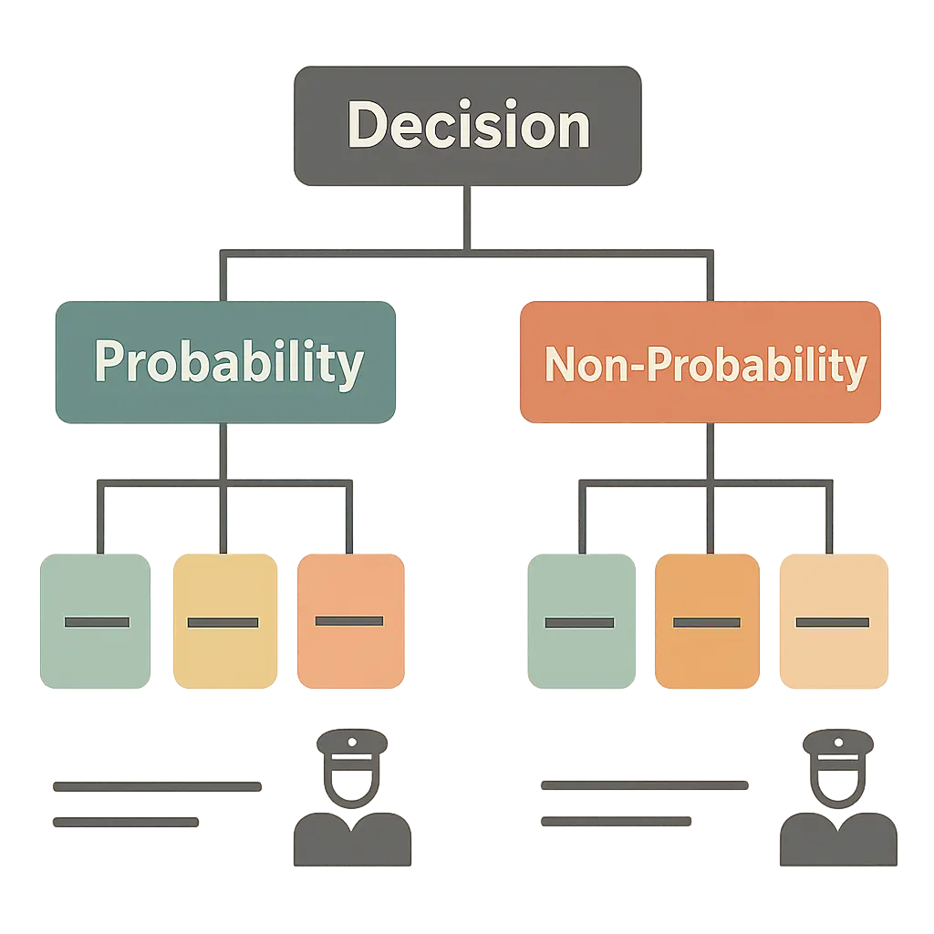 Flat vector decision tree for choosing between probability and non-probability sampling techniques