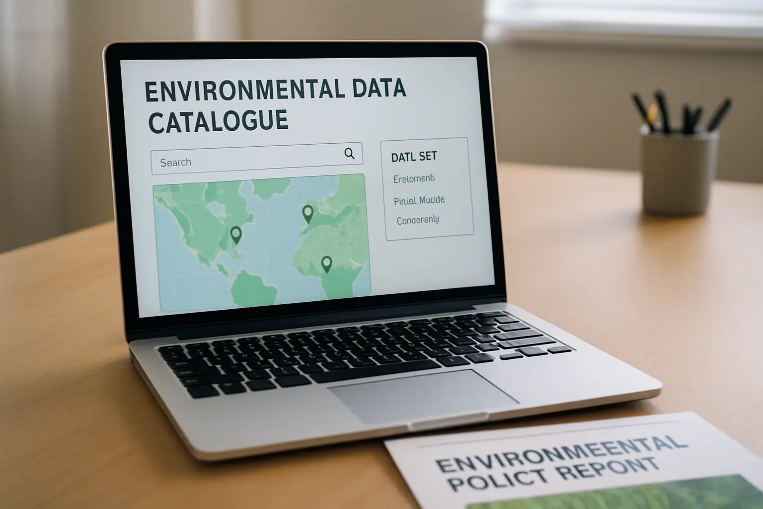 Laptop screen showing an environmental data catalogue with a searchable map interface
