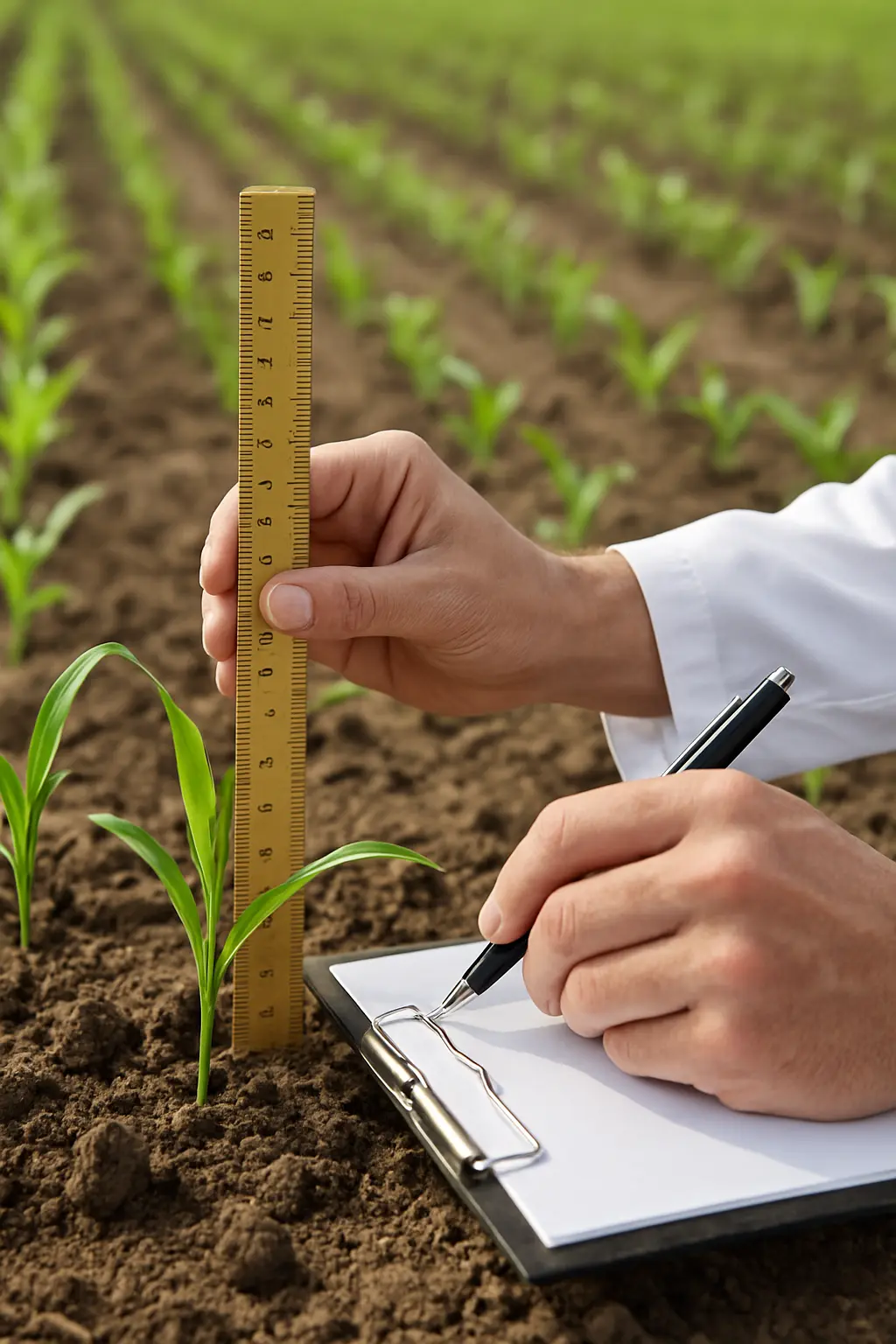 Close-up of a researcher's hands recording plant height measurements with a ruler in a randomised field trial plot