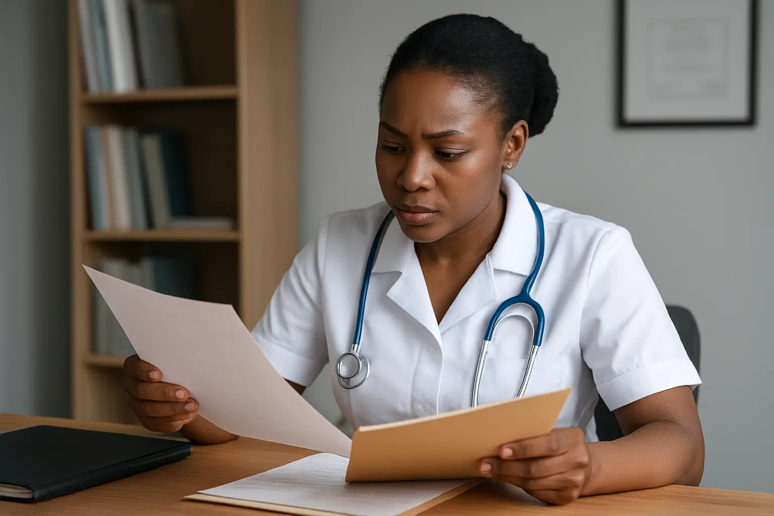 South African nursing researcher reviewing an ethics application folder with a university clearance certificate