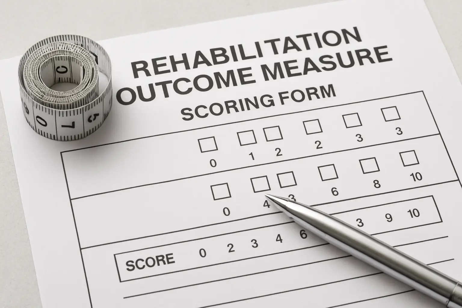 A printed rehabilitation outcome measure scoring form with a pen and measuring tape