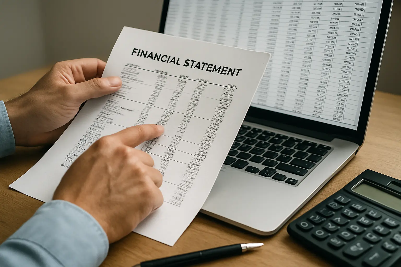Hands verifying a printed financial statement against a spreadsheet on a laptop screen