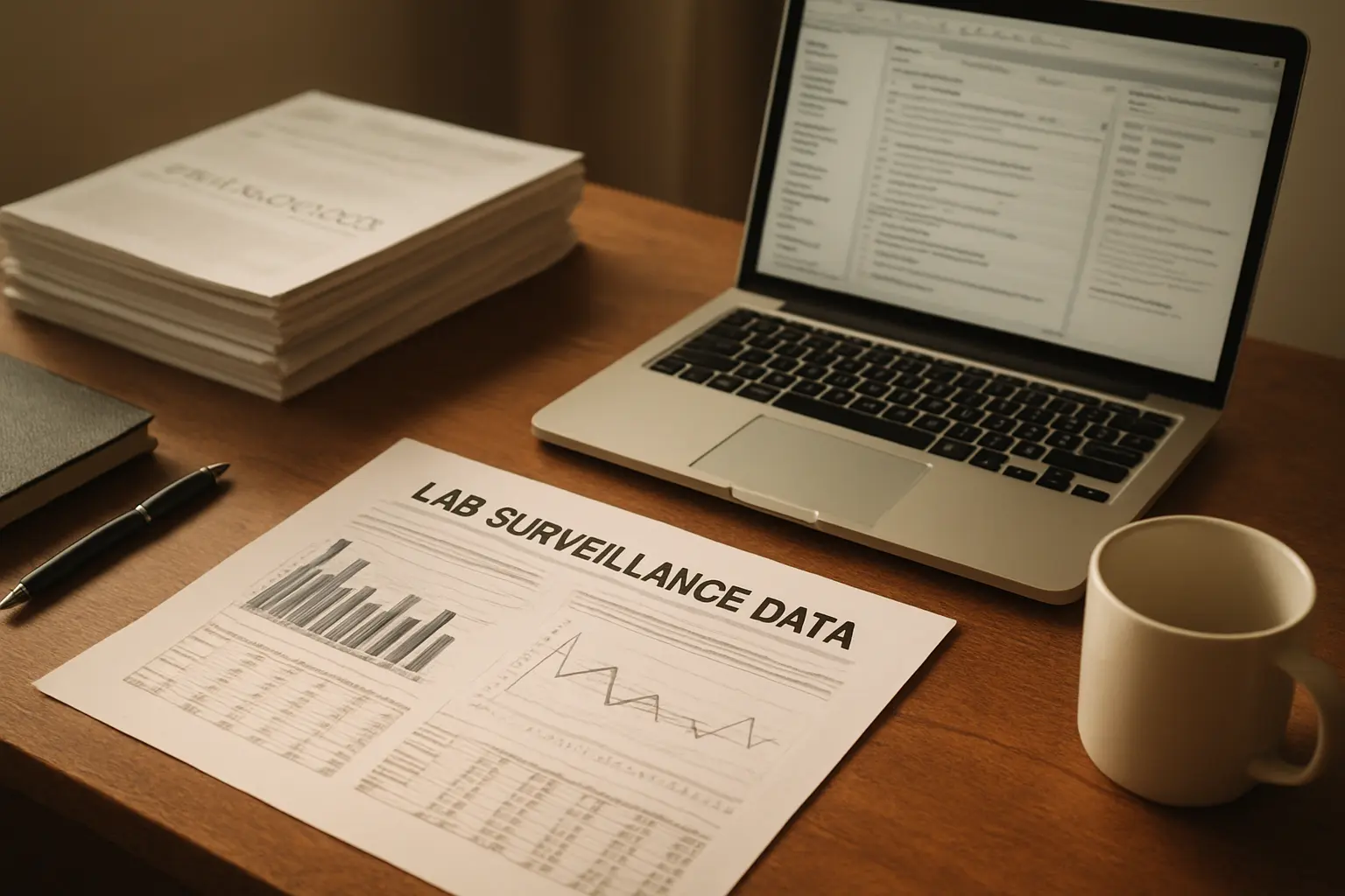 Laboratory surveillance data printout and pharmacology journal articles on a desk