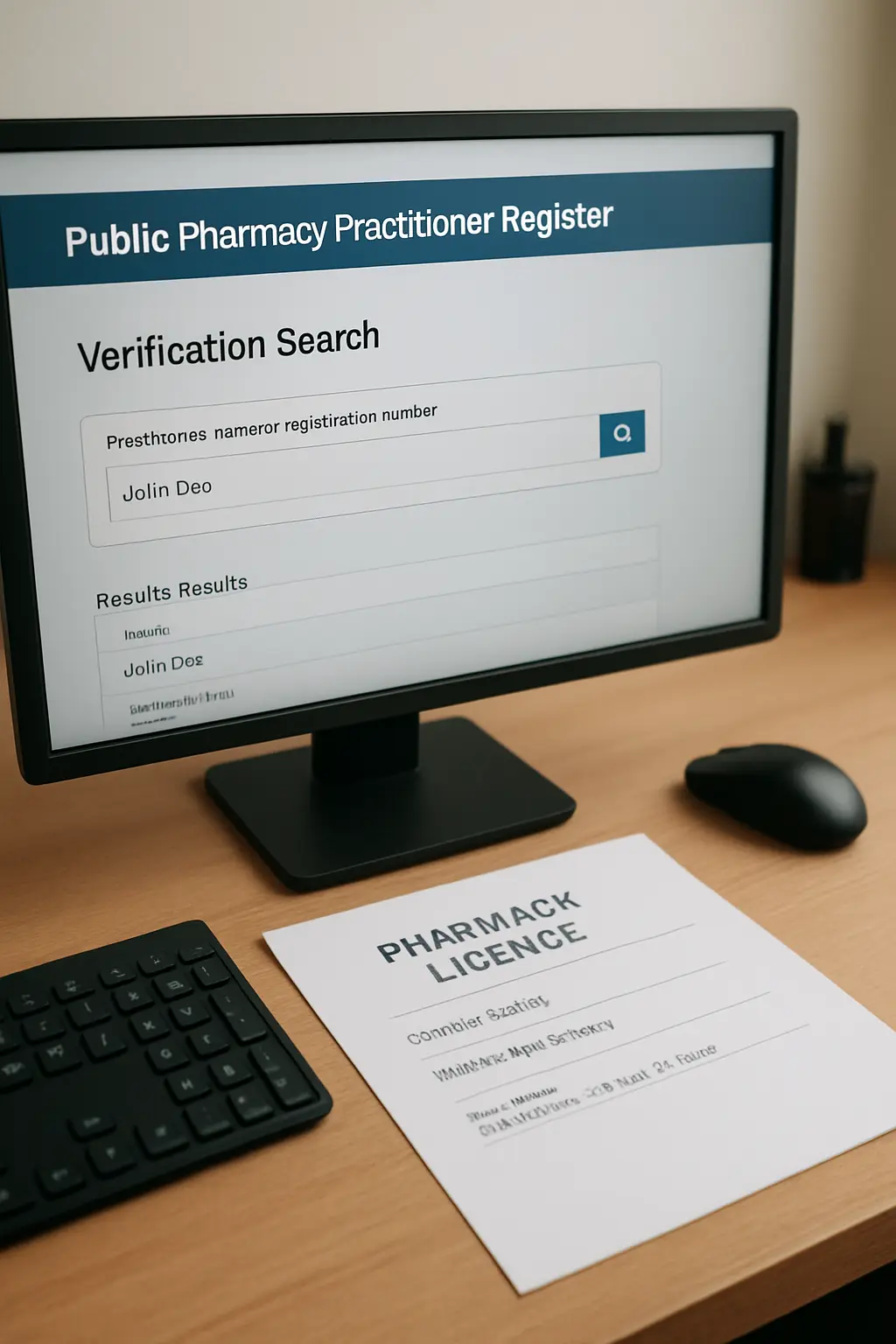 Computer screen showing a public pharmacy practitioner register verification search