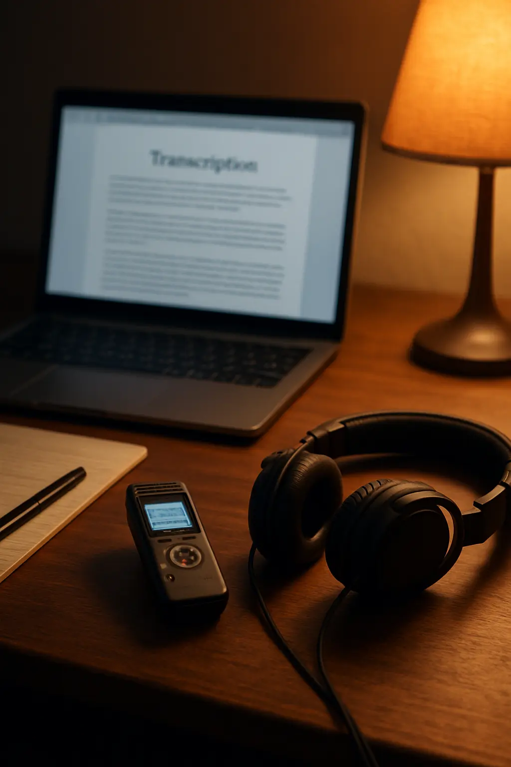 Voice recorder, headphones and laptop set up for interview transcription