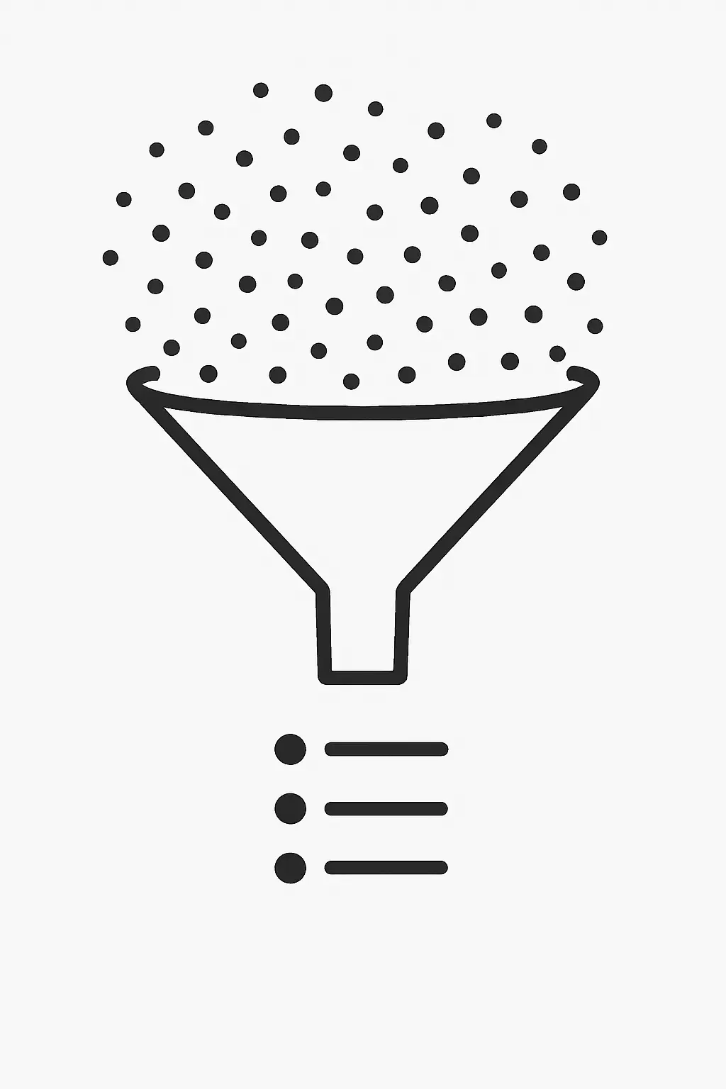 Illustration of a funnel narrowing many possible limitations down to a short focused list, representing scoping a dissertation limitations section